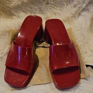 Authentic Gucci Red Rubber Logo Slide Sandals | Size 7 | Gucci Boutique Purchase